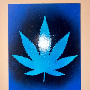 May include: A blue cannabis leaf silhouette on a dark blue background with white speckles.