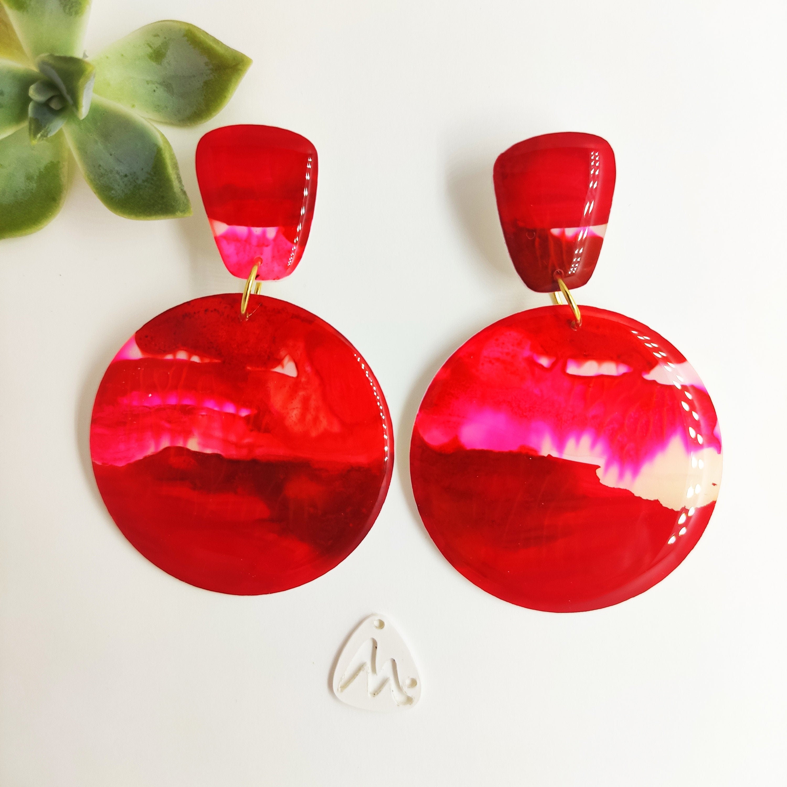 Round red earrings Circle earrings Big red earrings Red Etsy
