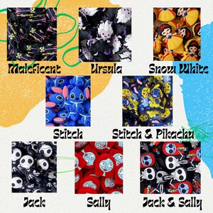 May include: A collage of nine images featuring various Disney characters, including Maleficent, Ursula, Snow White, Stitch, Pikachu, Jack Skellington, and Sally. Each image shows a pile of colorful charms or figurines.