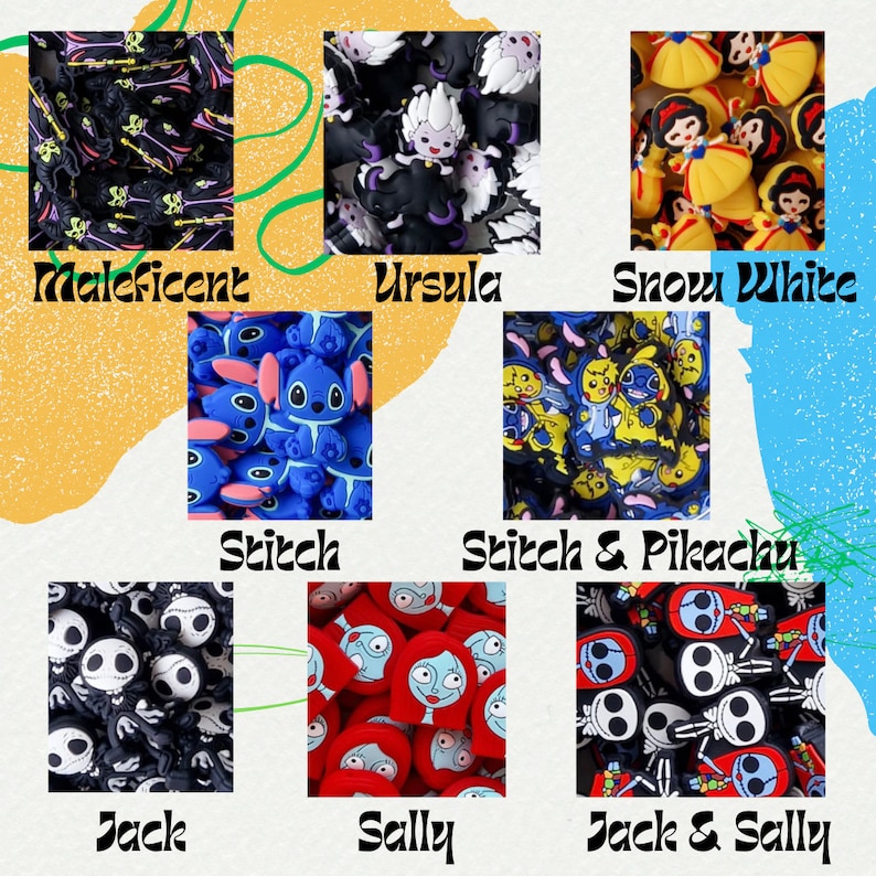 May include: A collage of nine images featuring various Disney characters, including Maleficent, Ursula, Snow White, Stitch, Pikachu, Jack Skellington, and Sally. Each image shows a pile of colorful charms or figurines.