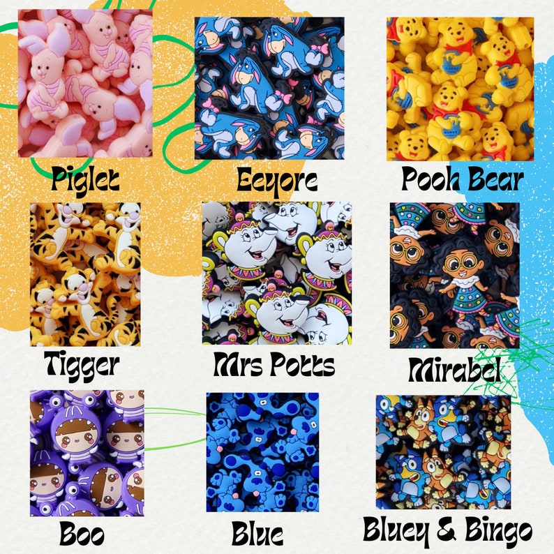May include: A collection of nine colorful charm packs featuring popular cartoon characters. The charms are made of rubber and are perfect for adding a touch of whimsy to your crafts.