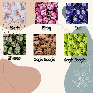 May include: Assortment of colorful charms featuring various characters, including Kirby, Slimer, Oogie Boogie, and Marie. The charms are made of a soft, pliable material and are perfect for adding a touch of whimsy to any project.