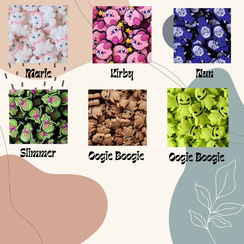 May include: Assortment of colorful charms featuring various characters, including Kirby, Slimer, Oogie Boogie, and Marie. The charms are made of a soft, pliable material and are perfect for adding a touch of whimsy to any project.