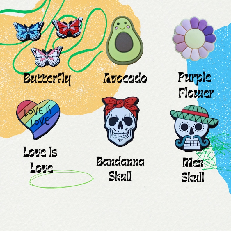 May include: A set of colorful shoe charms featuring a rainbow heart with the text "Love is Love", a green avocado with a smiling face, a purple flower, a butterfly, a bandana skull, and a Mexican skull.