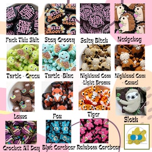 May include: A collection of colorful, handmade crochet charms featuring various designs, including turtles, foxes, tigers, sloths, and care bears. The charms are displayed on a white background with text labels identifying each design.