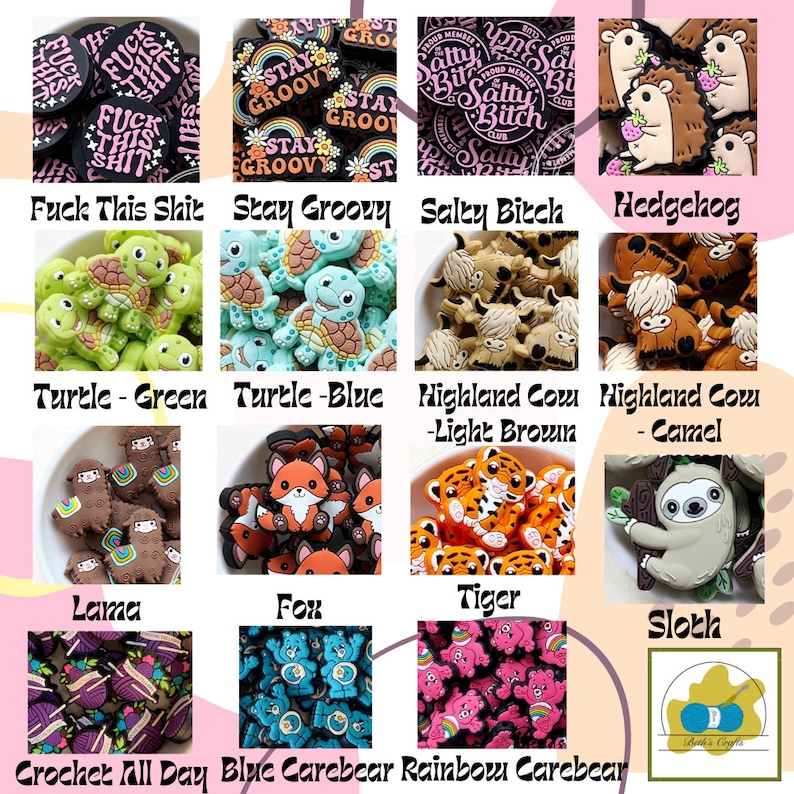 May include: A collection of colorful, handmade crochet charms featuring various designs, including turtles, foxes, tigers, sloths, and care bears. The charms are displayed on a white background with text labels identifying each design.