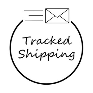 May include: Black and white illustration of an envelope with a line above it, inside a circle with the text "Tracked Shipping".