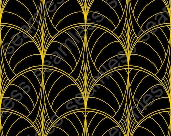 May include: Seamless Art Deco pattern in black and gold. The design features repeating fan-shaped elements with curved lines, creating a geometric and elegant look. The pattern is suitable for various design applications.