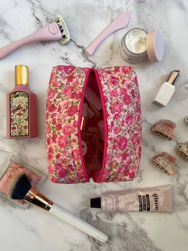 Salmon Pink Velvet Meadow Flowers Make Up Bag