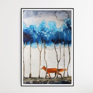DIPINTO ORIGINALE ad acquarello. La volpe nella foresta blu. Illustrazione. Decorazione da parete.
