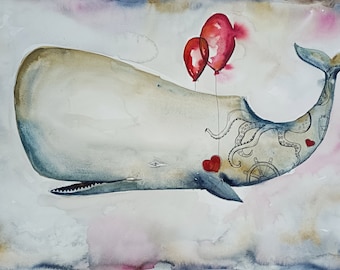 Original watercolor PAINTING. THE HIPSTER SPERM WHALE.