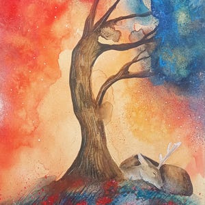 DIPINTO ad ACQUARELLO. Il CERVO sotto albero blu. A3