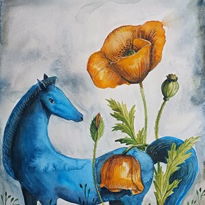 ORIGINAL Aquarellmalerei. Blaues Pferd mit Papageien. Illustration. Wanddekoration.