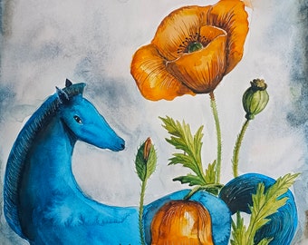 ORIGINAL PAINTING. Watercolor illustration. Blue HORSE with poppy flowers. Wall Art