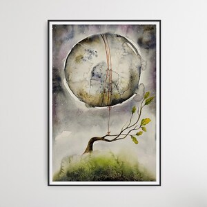 DIPINTO ORIGINALE ad acquarello. La grande LUNA. Illustrazione. Decorazione da parete.
