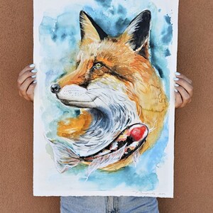DIPINTO ORIGINALE su carta. La VOLPE e carps koi