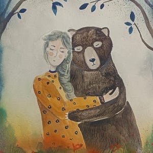 DIPINTO ad ACQUARELLO. Abbracciando un orso. A3