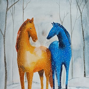 DIPINTO ORIGINALE ad acquarello. Nella foresta fredda. Illustrazione. Decorazione da parete.