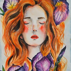 DIPINTO ORIGINALE ad acquarello. La RAGAZZA con gli iris