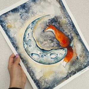 DIPINTO originale ad ACQUARELLO. VOLPE sulla Luna. Illustrazione. Decorazione da parete.