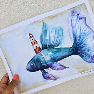 PEINTURE ORIGINALE à l'aquarelle. Carpe KOI avec phare
