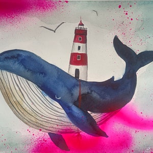 DIPINTO originale ad acquarello. La BALENA con il FARO.