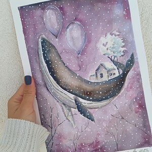 DIPINTO ORIGINALE ad acquarello. L'illustrazione viola con la BALENA. Illustrazione. Decorazione da parete.