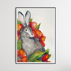 DIPINTO ORIGINALE ad acquarello. Il CONIGLIETTO con i fiori rossi. Illustrazione. Decorazione da parete.