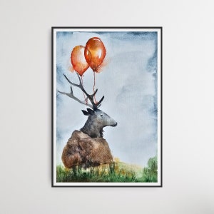 PEINTURE ORIGINALE à l'aquarelle. Le CERF aux ballons rouges