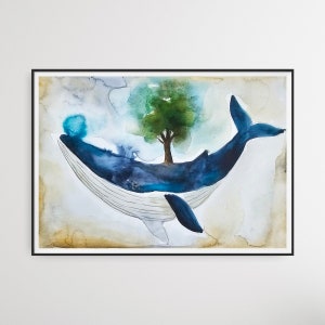 PEINTURE ORIGINALE à l'aquarelle. La BALEINE avec l'arbre.