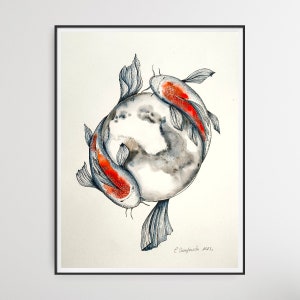 ORIGINAL Aquarellmalerei. Carpe KOI und der Mond. Illustration. Wanddekoration.