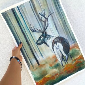 DIPINTO ORIGINALE su carta. Il CERVO nel bosco