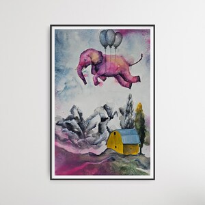 DIPINTO ORIGINALE. Anche l'elefante rosa puo volare. Carta 38x56cm