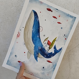 DIPINTO ORIGINALE ad acquarello. La BALENA. Illustrazione. Decorazione da parete.