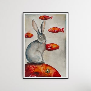 DIPINTO ORIGINALE ad acquarello. Il CONIGLIETTO con i pesci rossi. Illustrazione. Decorazione da parete.