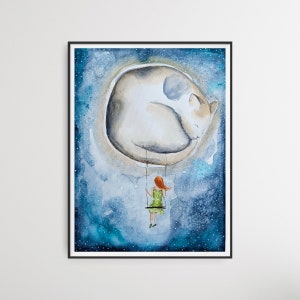 DIPINTO originale ad ACQUARELLO. Il GATTO della Luna