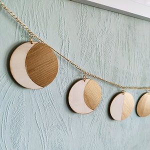 Moon Phase Garland Made of Wood | Horizontal Mobile | Birch Wood