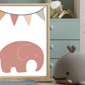 Cartel digital de elefantes o tarjeta de cumpleaños, decoración de la guardería nórdica, retrato del cartel de animales, arte de la pared de la guardería, cartel de la habitación de los niños