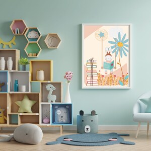 Ilustração de decoração de parede de amante de livros, pôster de 2 peças, leitor feliz, coelho, pôster imprimível, decoração de quarto de criança indie, cartão de coelho de flores da primavera Olá