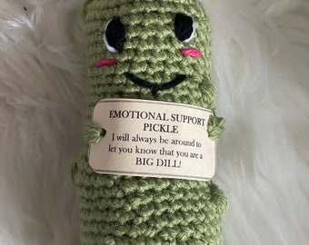 May include: Green crocheted pickle plush toy with a smiling face and a sign that reads "Emotional Support Pickle. I will always be around to let you know that you are a BIG DILL!"