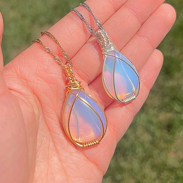 Gold Plated Opalite Necklace, Healing Opalite Necklace, Wire Wrapped Crystal Necklace, Tarnish Free Crystal Necklace, Gemstone Necklace