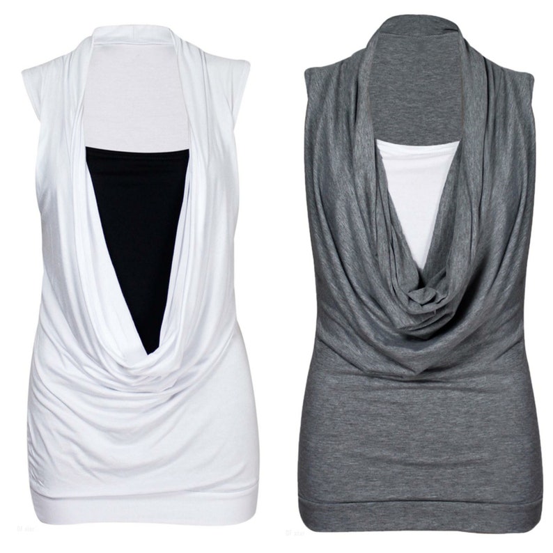 Women 2 in 1 Cowl Neck Scoop Shirt Gathered Vest Insert Top Size UK 8-26