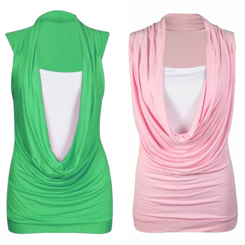Women 2 in 1 Cowl Neck Scoop Shirt Gathered Vest Insert Top Size UK 8-26