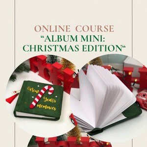 Könnte beinhalten: Ein grünes, mit Filz bezogenes Mini-Album mit einem Zuckerstangen-Motiv und dem Text "Neujahrs-Erinnerungen" auf dem Cover. Das Album ist geöffnet und zeigt leere Seiten. Das Album ist von roten und grünen Weihnachtsdekorationen umgeben.