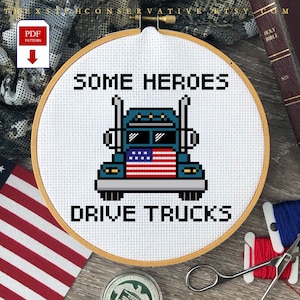 USA Some Heroes Drive Trucks PDF Cross Stitch Pattern