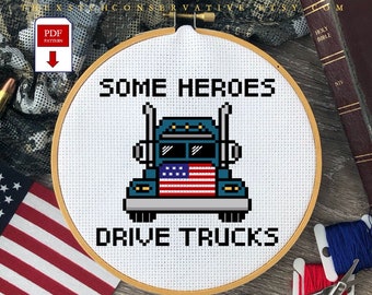 USA Some Heroes Drive Trucks PDF Cross Stitch Pattern