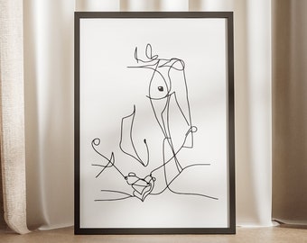 Utskrivbar kroppslinjeteckning, kvinnokonsttryck, figurkonsttryck, minimalistisk kroppskonst, kvinnofigurkonst, kvinnokroppstryck, enlinjeteckning