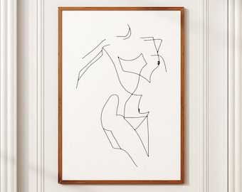 Drukowana grafika liniowa z kobiecym ciałem, drukowana grafika ścienna, sztuka body positive, abstrakcyjny nadruk z kobiecą sylwetką, wydruk z linią boho, czarno-biały nadruk