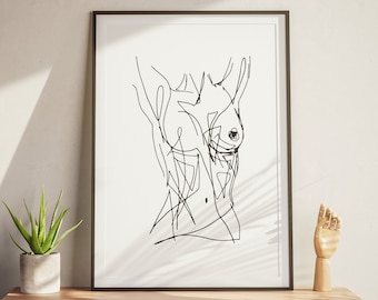 Utskrivbart kvinnligt kroppstryck, enlinjeteckning, kroppslinjekonst, kvinnligt konsttryck, figurkonsttryck, minimalistisk kroppskonst, kvinnofigurkonst