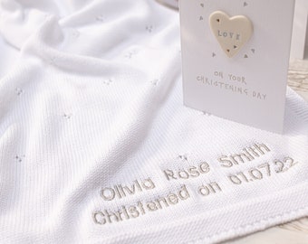 Toffee Moon White Pointelle Baby Blanket for Christening, Baptism, Personalised Baby Blanket, Embroidered Baby Blanket with Name and Date